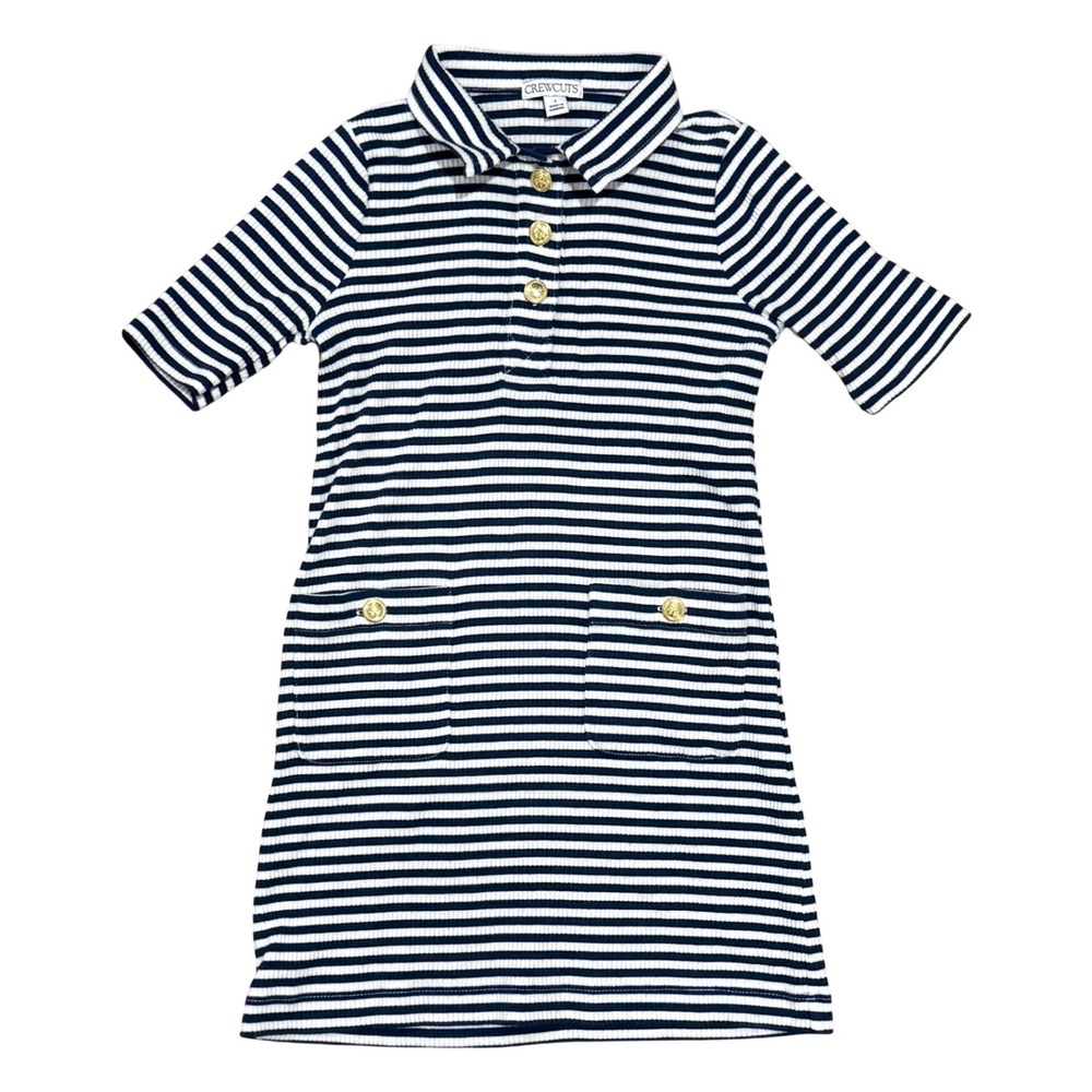 Crewcuts Girls Navy White Striped Ribbed Polo Dress Gold Anchor Buttons Size 7